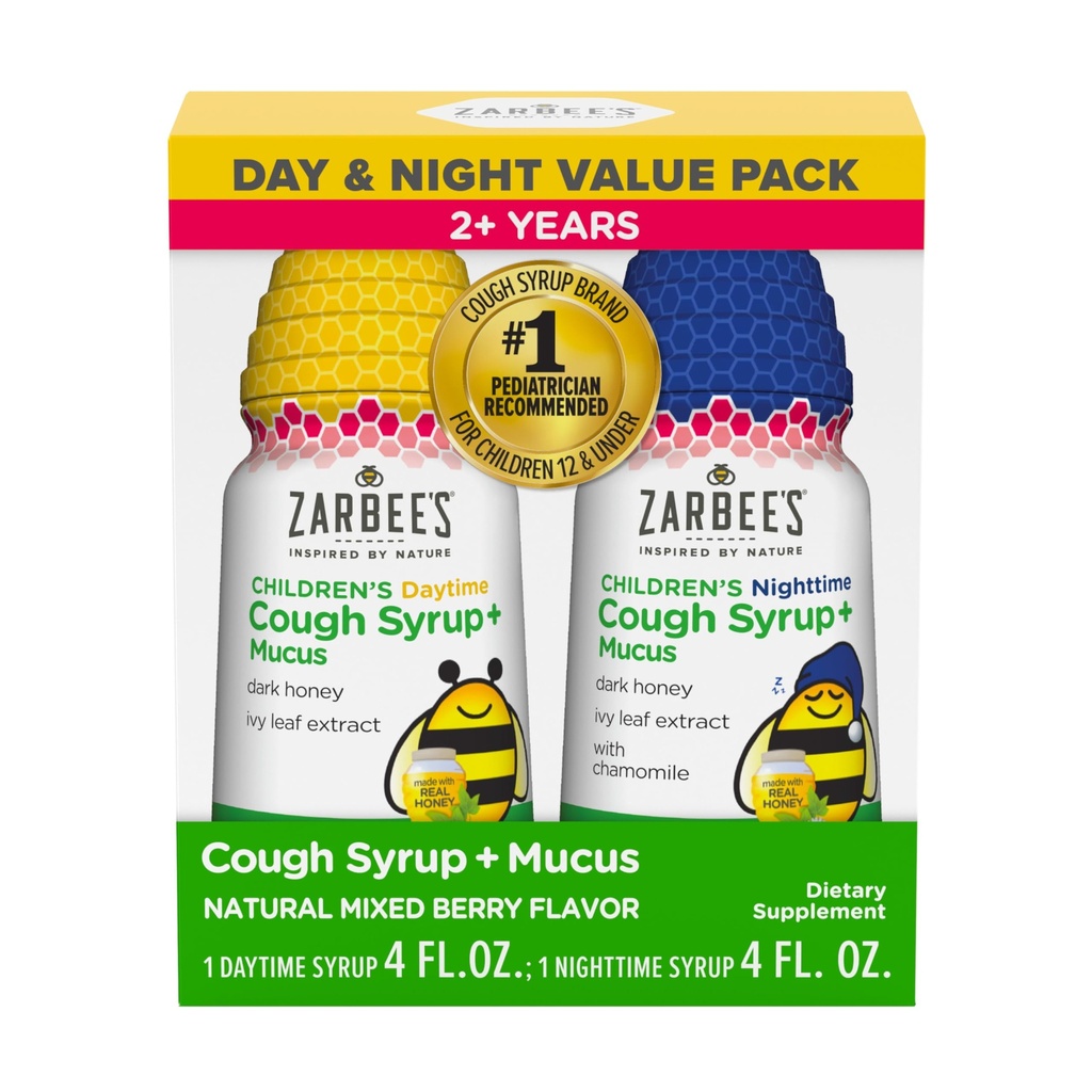 Syrop z miodu dla dzieci Zarbee + Mucus Day & Night Value Pack, Syrop z kaszlu dla dzieci w godzinach dziennych i nocnych, Ciemny Miód, Ekstrakt z liści Ivy, Rumianek, Mieszany Flavor Berry, 2X 4 Fl Oz