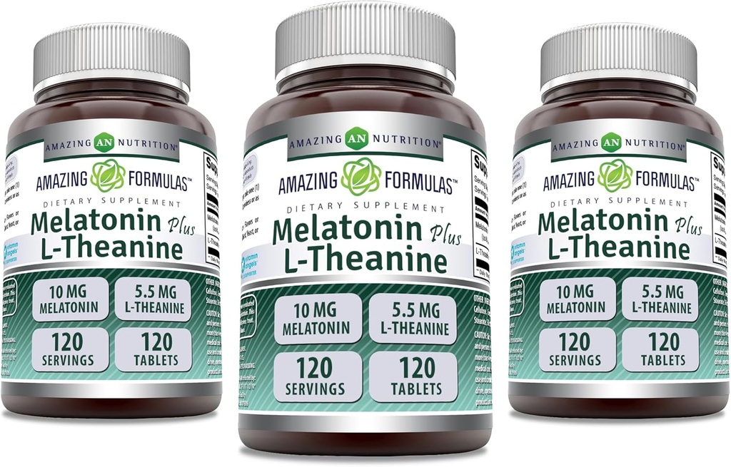 Amazing Formulas Melatonin 10 Mg Plus L-Theanine 5.5 Mg Supplement | 120 Tablets | Non-GMO | Gluten Free | Made in USA | Pack of 3
