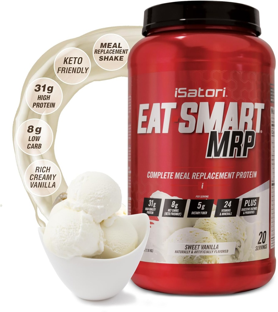 iSatori Eat Smart MRP, Wysokie Białko Mączka Wstrząs zastępczy z proszku białka serwatki, Probiotyki Proszek, Białko kazeiny, MCT Oil, Albumen jaj, Witaminy i Minerały, Keto, Vanilla Flavor, 20 Służenia