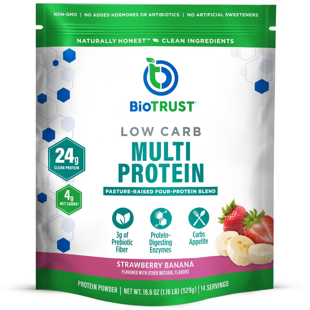 BioTrust Low Carb Protein Powder - Pyszny serwatka i kazeina Mieszanka z Grass- fed Hormon Free Krowy - Nie GMO, Gluten Free (Strawberry Banana)