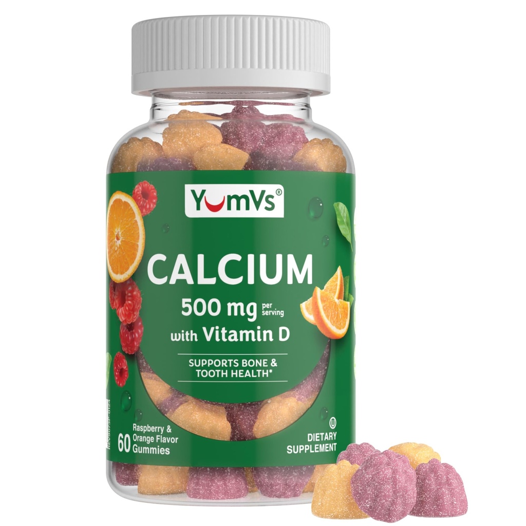 JumV Wapń 500mg z witaminą D3 - Malina i Pomarańczowy Flavor Wapnia Witamina D Gummie, Żute suplement wapnia dla dzieci i dorosłych, Witamina D Wapń Gummie, Kosher Halal Gluten Free (60 Count)