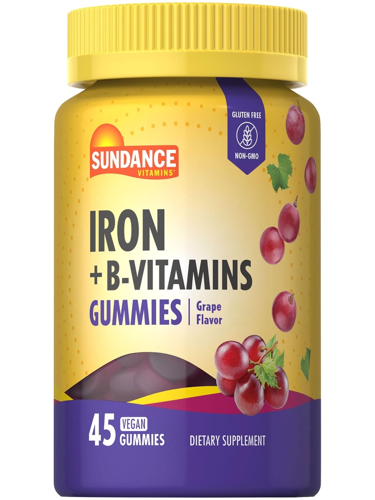 Sundance Iron Gummies mean 124; Plus B- Vitamins mean 124; 45 Vegan Gummies mean 124; Grape Flavor mean 124; Vegan, Non-GMO, and Gluten Free Supplement