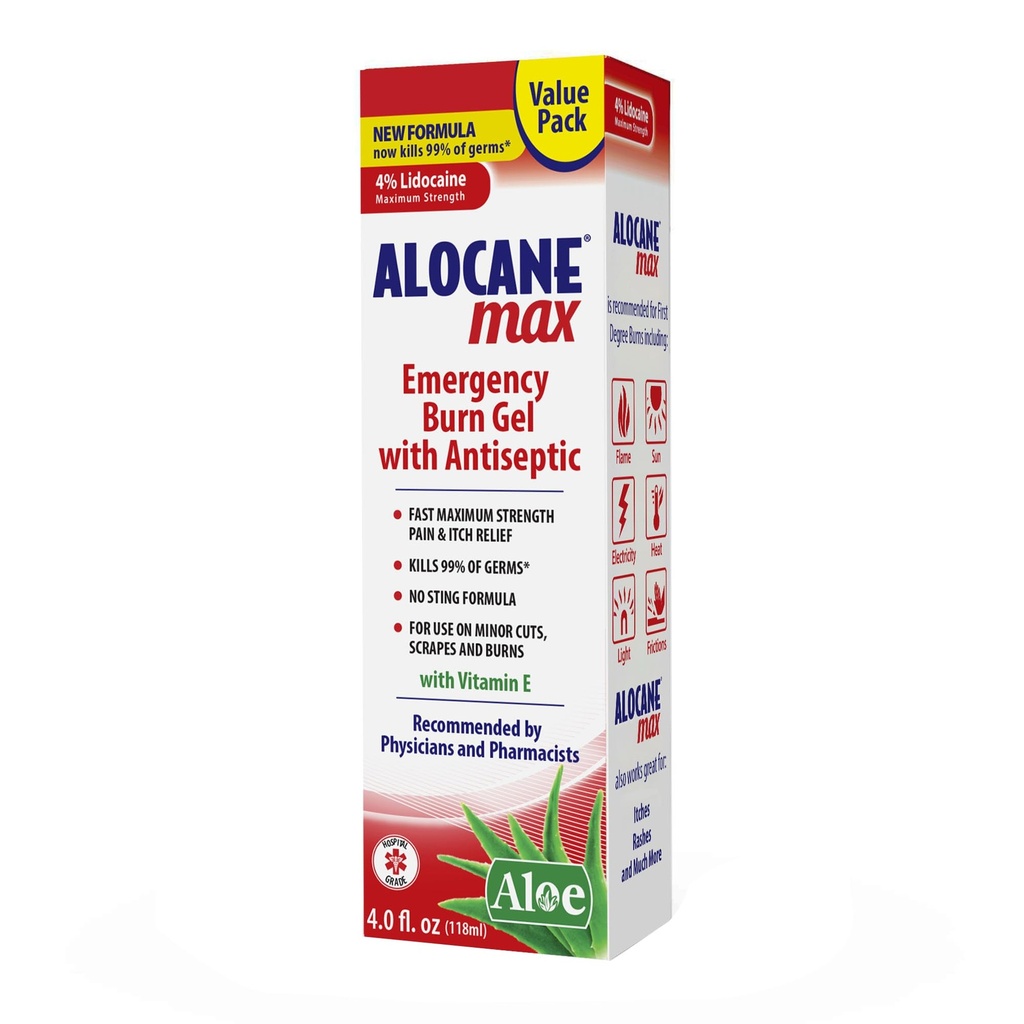 Alocane Max Emergency Burn Gel, 4% Lidokaina Hydrochloride, .13% Benzalkoniowy Chlorek, Maksymalna ulga wytrzymałościowa, Itch Relief, Dla oparzeń słonecznych, Kuchnia, Promieniowanie, Chemical, Pierwszy stopień Burns, 4 Fl Oz