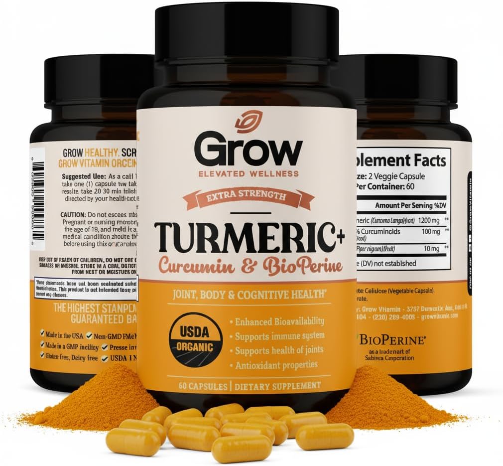 Grow Witamina Curcumina + Ultra: Organiczny Mieszanka Wysokomocna 124; Maksymalna wytrzymałość Turmerowa Formuła z 95% Kurkuminoidy 124; USDA Certyfikowany 124; 30- Day Supply
