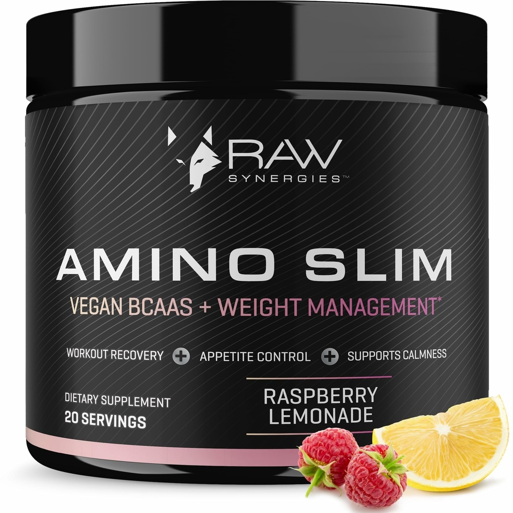 RAW Synergie Amino Slim - Active Lifestyle Supplement for Metabolic & Mindful Eating Support - Wsparcie dla mięśni i energii - Sugar- Free & Vegan - Lemoniada malinowa - 20 Służenia