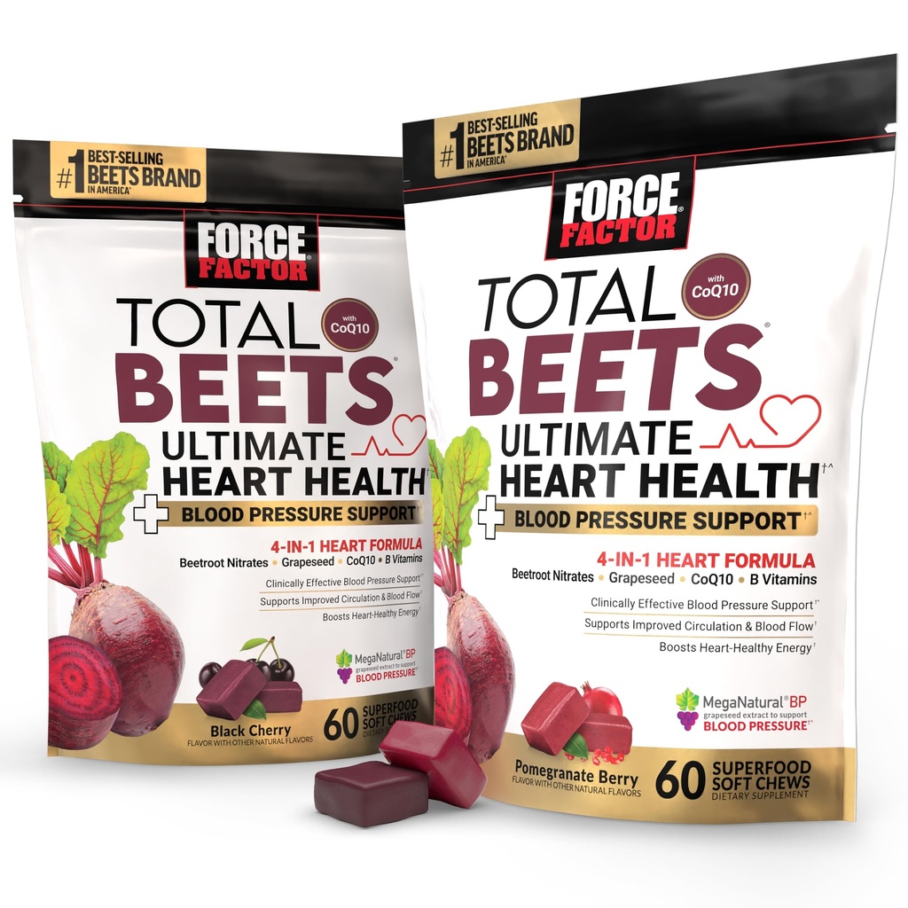 Zestaw czynnika siły Total Beets Ultimate Heart Health Support Blood Pressure Chews with CoQ10, Buek Root Powder, Grape Seed Extract, Suplement ciśnienia krwi do cyrkulacji i przepływu krwi, 120 Miękki