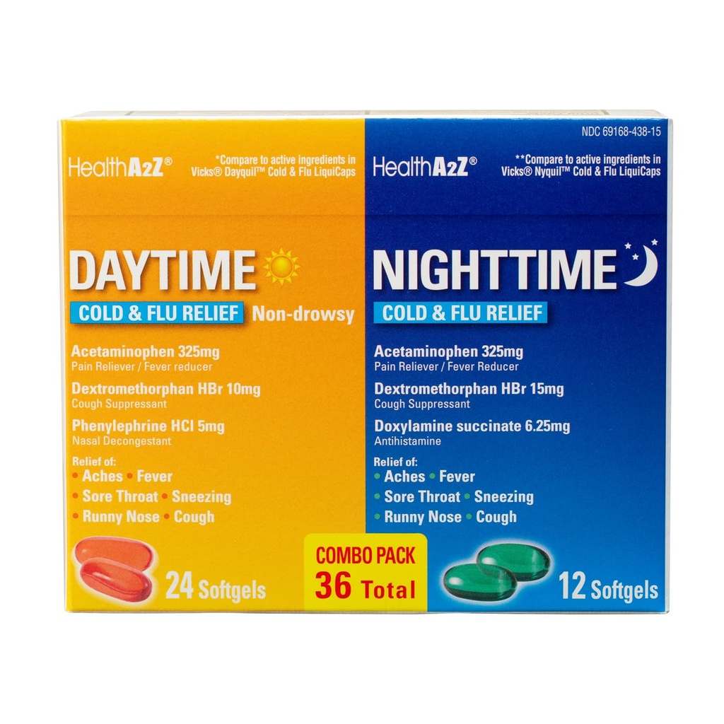 HealthA2Z ® Daytime i Nighttime 124; Cold & Flu Medicine 124; Powerful Multi- Symptom Daytime and Nighttime Relief (24 Daytime & 12 Nighttime Softgels) (Daytime & Nighttime Combo (36 Count Pack of 1))