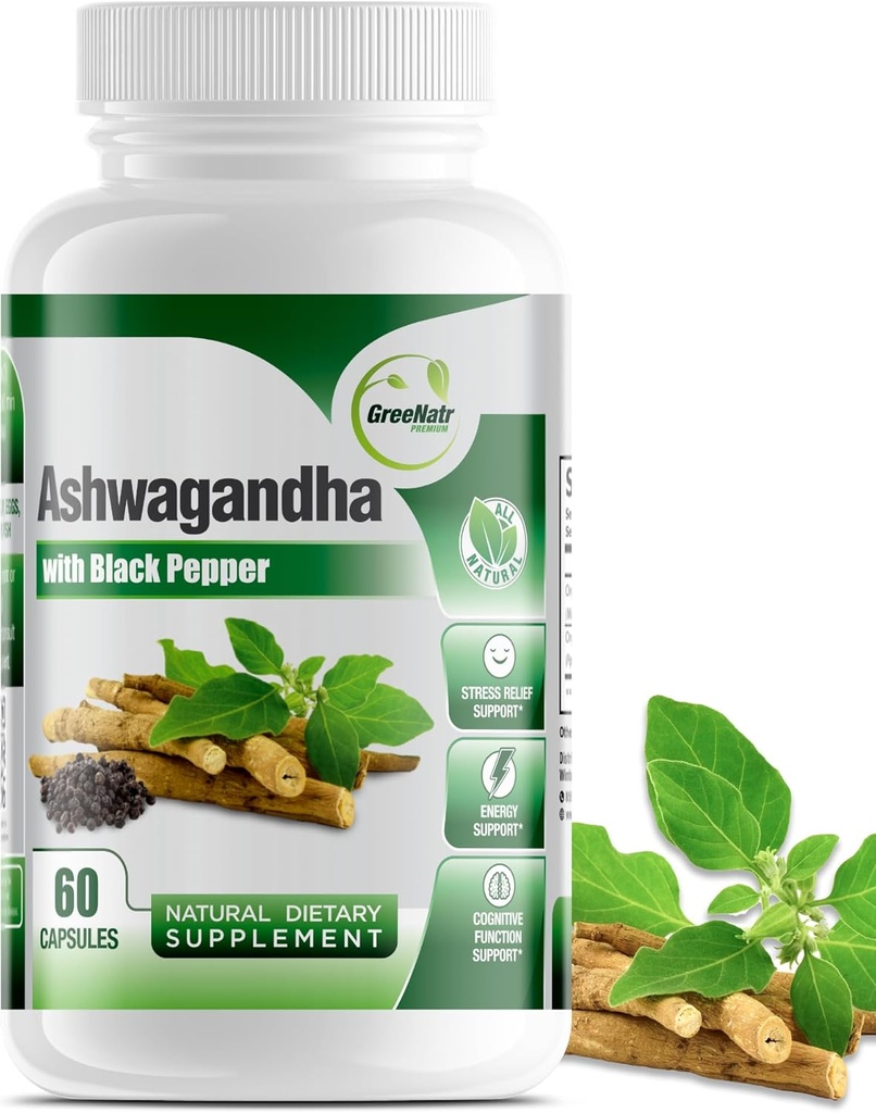 GreeNatr Organic Ashwagandha kapsułki z czarnym pieprzem do zwiększonej absorpcji - Mood Enhancer z energii i funkcji kognitywnych - 1300 mg kapsułki wegetariańskie (1 butelka)