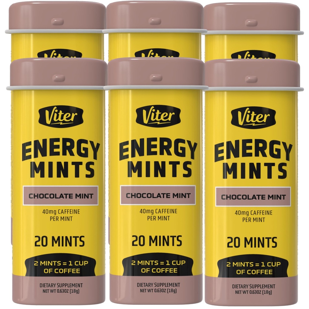 Viter Energy Kofeina Mints 40mg Kofeina, B Witaminy, Sugar Free. (Kofeina czekoladowa, 20szt, 6 Pack)