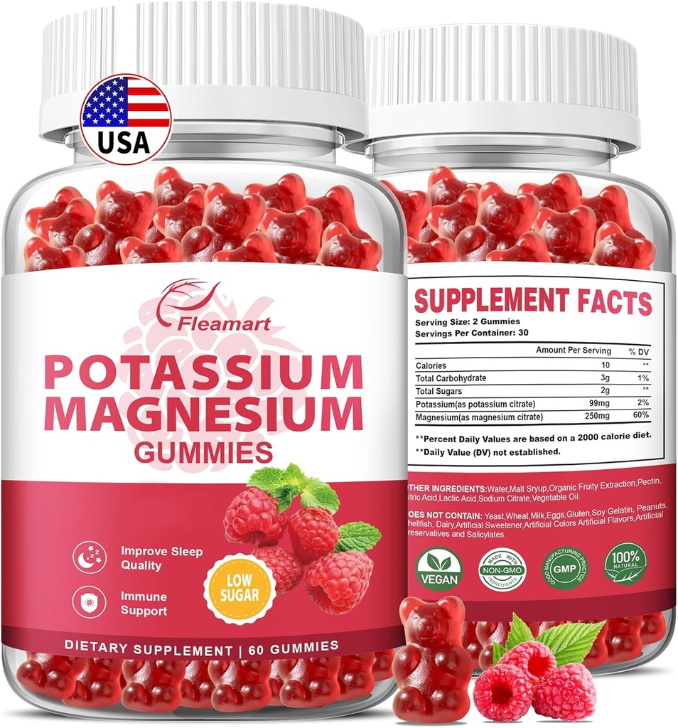 Potasu Magnezu Gummies Cytrynian potasu 99mg Magnezu Cytrynian 250mg Magnezu Kompleks potasu Suplement, Wsparcie immunologiczne, 60 Malina Gummies 2 Pack