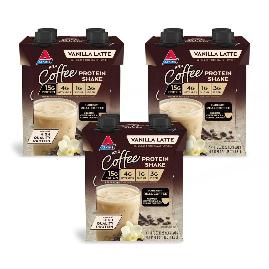 Atkins Iced Coffee Vanilla Latte Protein Shake, 15 g Protein, Niska Glikemia, 4g Net Carb, 1 g Cukier, Keto Friendly, 12 opakowań 11 fl Oz