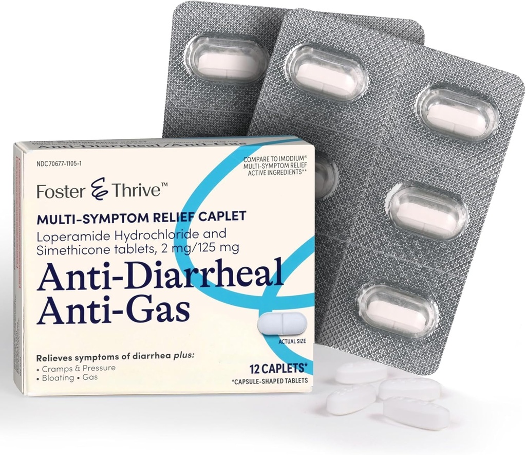 Foster & Thrive Loperamid Hydrochlorki i Simetikon Przeciwgorączkowe przeciwgazowe Wieloobjawowe Relief, 48 Kapsułki, Leczenie Biegunki, Gaz, Bloating, Skurcze i Ciśnienie, 12 Kapsułki (Opakowanie 4)