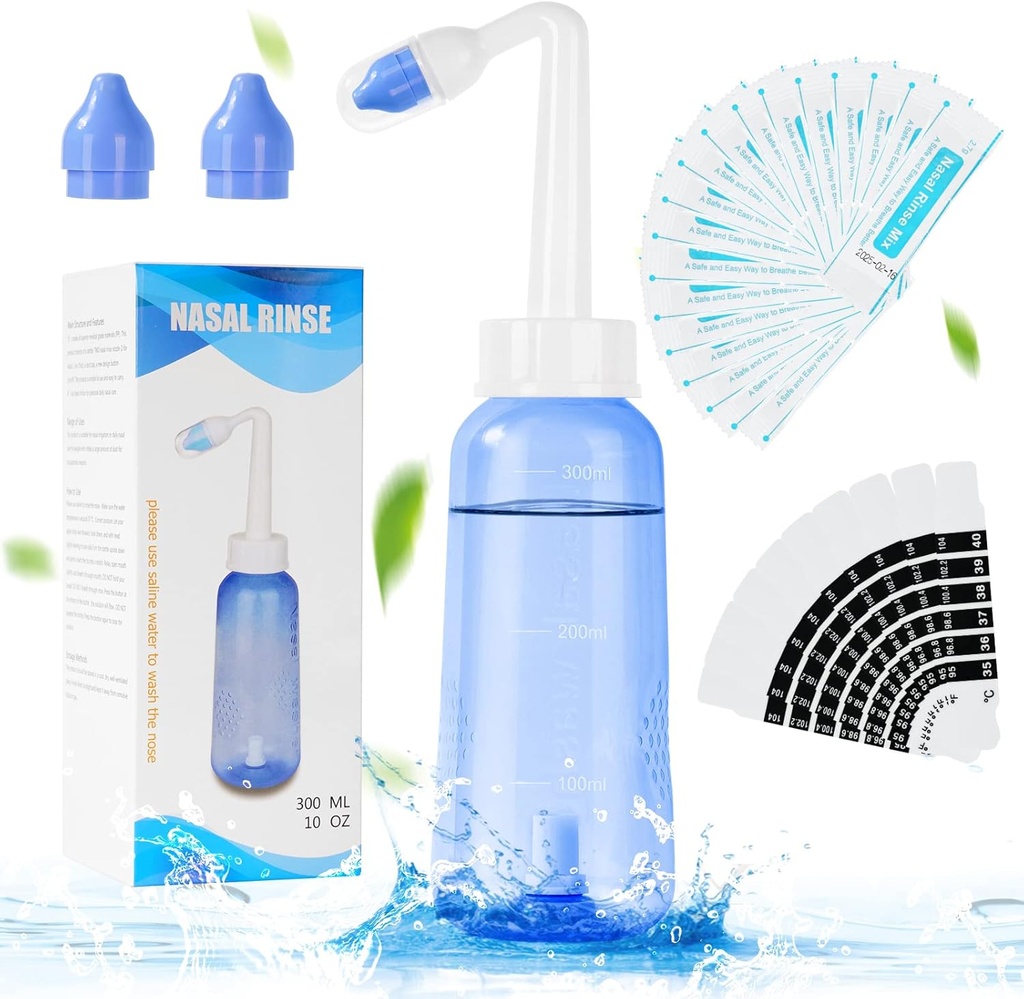 URAQT Neti Pot, Nasal Rinse Kit Myjarka do nosa, 300 ml Sinus Rinse Butelka z 20 Nasal Wash Salt Pakiety i 10 Termometr Sticker, Ciśnienie płukania Nasal Nasal Nassation dla dorosłych i dzieci BPA za darmo