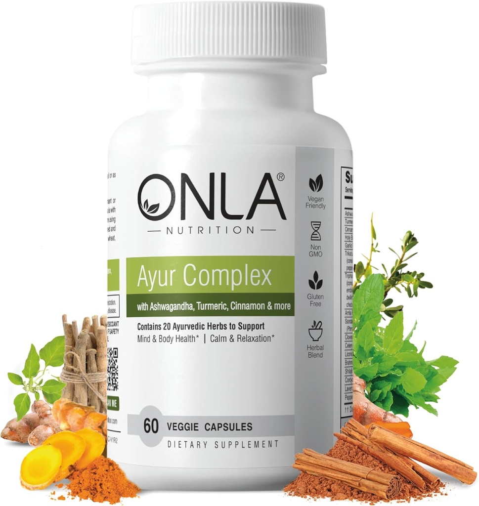 ONLA Vegan Ayurveda Herbal Supplements (20- in-1 Herbal Kapsułki) - Kurkumy Suplementy z Ashwagandha, Cynamon, Triphala, Brahmi - Naturalne składniki, Herbal Energy Supplements (60 Cap)