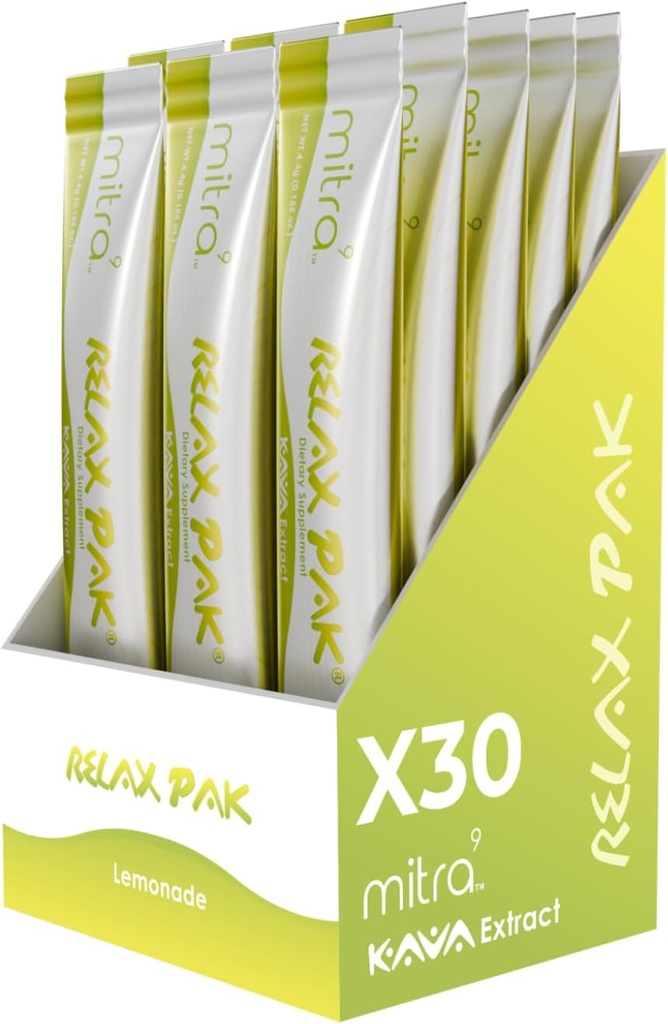 Mitra9 Kava proszek RelaxPak - Lemonade Kava ekstrakt w proszku Pakiety 124; Wzmocnienie nastroju 124; Roślina oparta 124; Promotes Natural Calm & Clarity 124; Easy Open Single- Serving Stick (30)