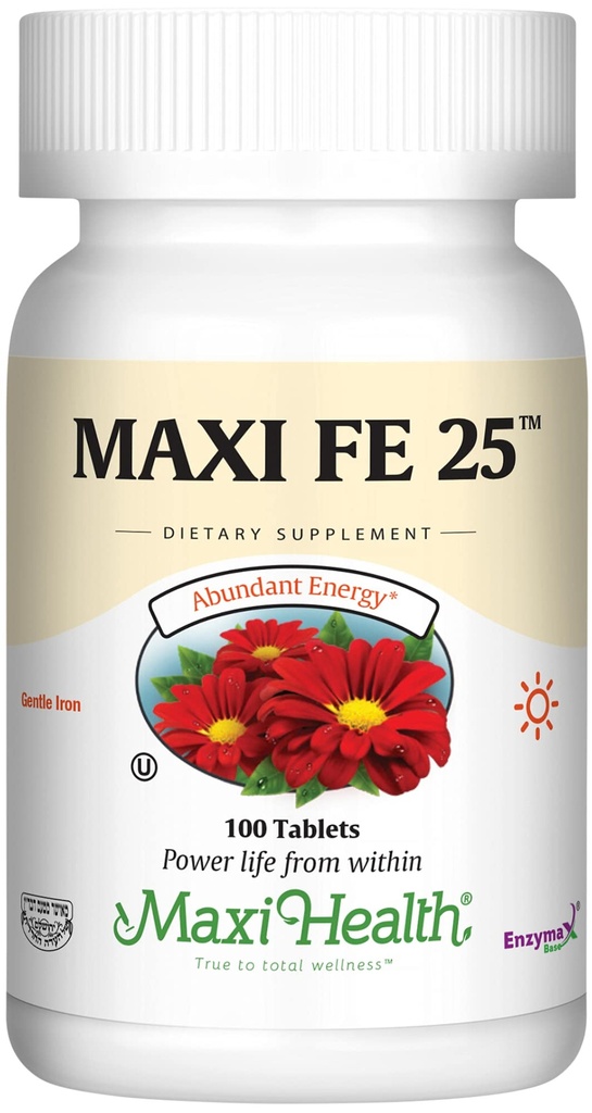 Maxi Health Żelazo Suplement dla Kobiet i Mężczyzn - Delikatny Żelazo 25 mg dla Żołądek - Nie Zatwardzanie * Pigułki - Kosher - Nie GMO - Wegetarianin (100 tabletek)