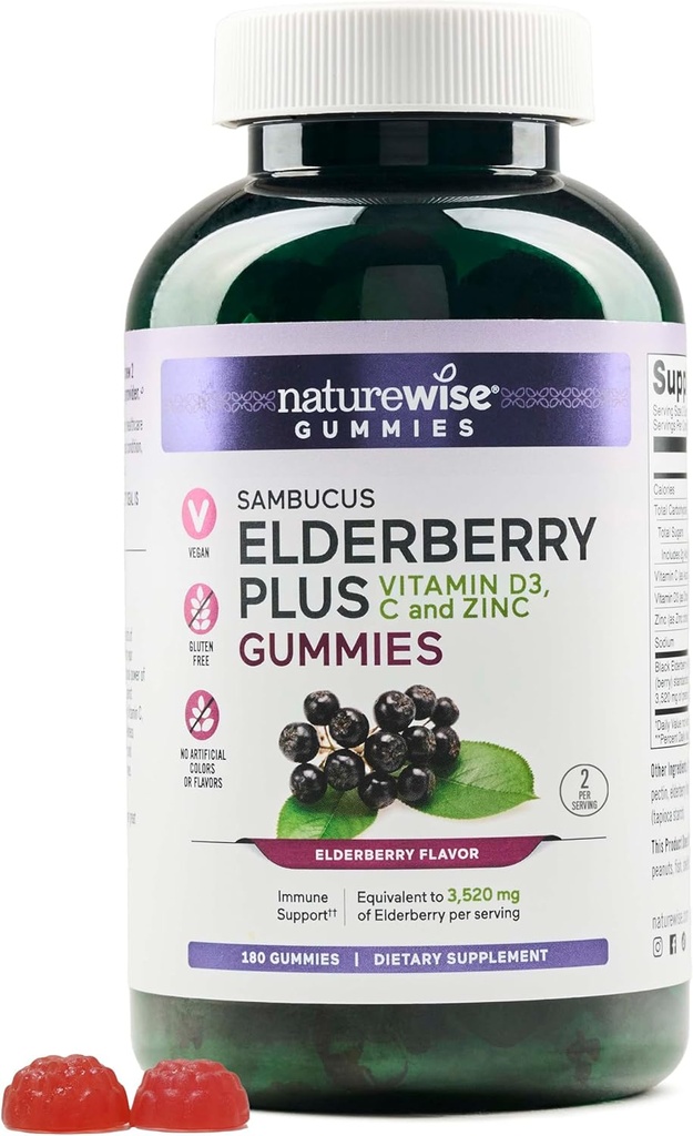 NatureWise Sambucus Elderberry Gummies - Suplement wsparcia immunologicznego dla dzieci w wieku 4 + & Dorośli z witaminą C, D3, Cynk - Jeżyny Równoważne do 3520mg - Wegan, Non-GMO - 180 Count [90- Day Supply]