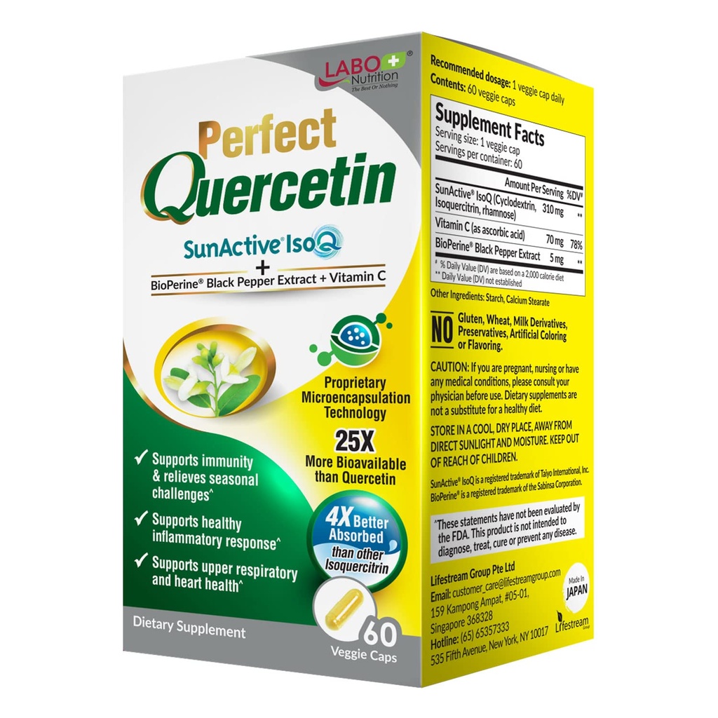 Labo Nutrition Perfect Quercetin Sunactive IsoQ Bioflavonoids, Witamina C, 25x Więcej Biodostępności, dla immunologicznego, alergii, Sinus Relief, i wsparcia sercowo-naczyniowego - Zdrowa odpowiedź zapalna - 60