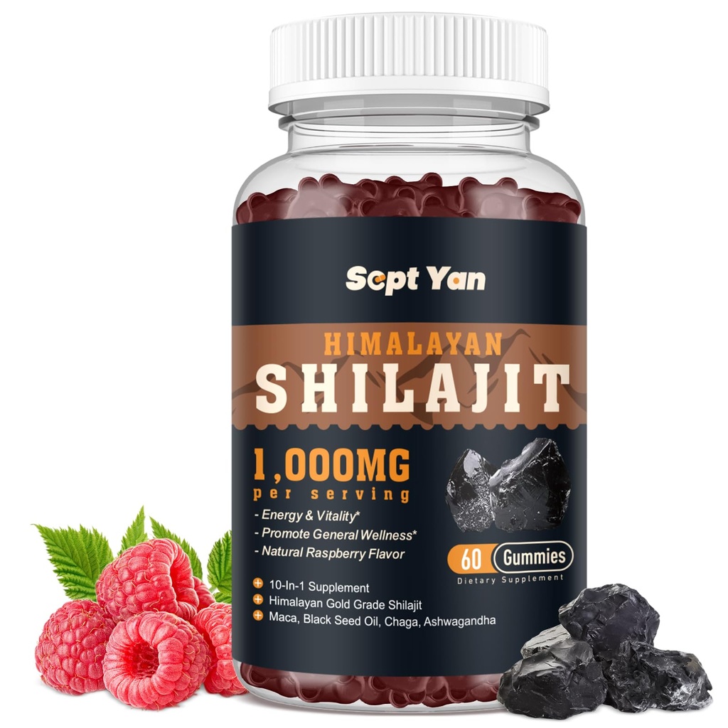 Shilajit Gummies 1000mg - Shilajit Pure Himalayan Organic for Men & Women 85 + Trace Minerals Shilajit Resin with Ashwagandha, Maca, Black Seed Oil - Energia, Mózg, Immunitet, Sugar Free Malina 60ct