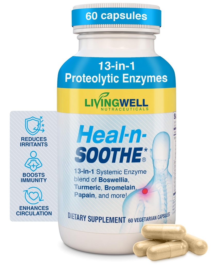 HEAL- N- SOOTHE Joint Support Supplements - Enzymy proteolityczne takie jak Bromelain & Papain, z Boswellia, Turmeric & Ginger- Promotes Protein Digestive Function & Body Defense Welnes- 60 Count (1 Pack)