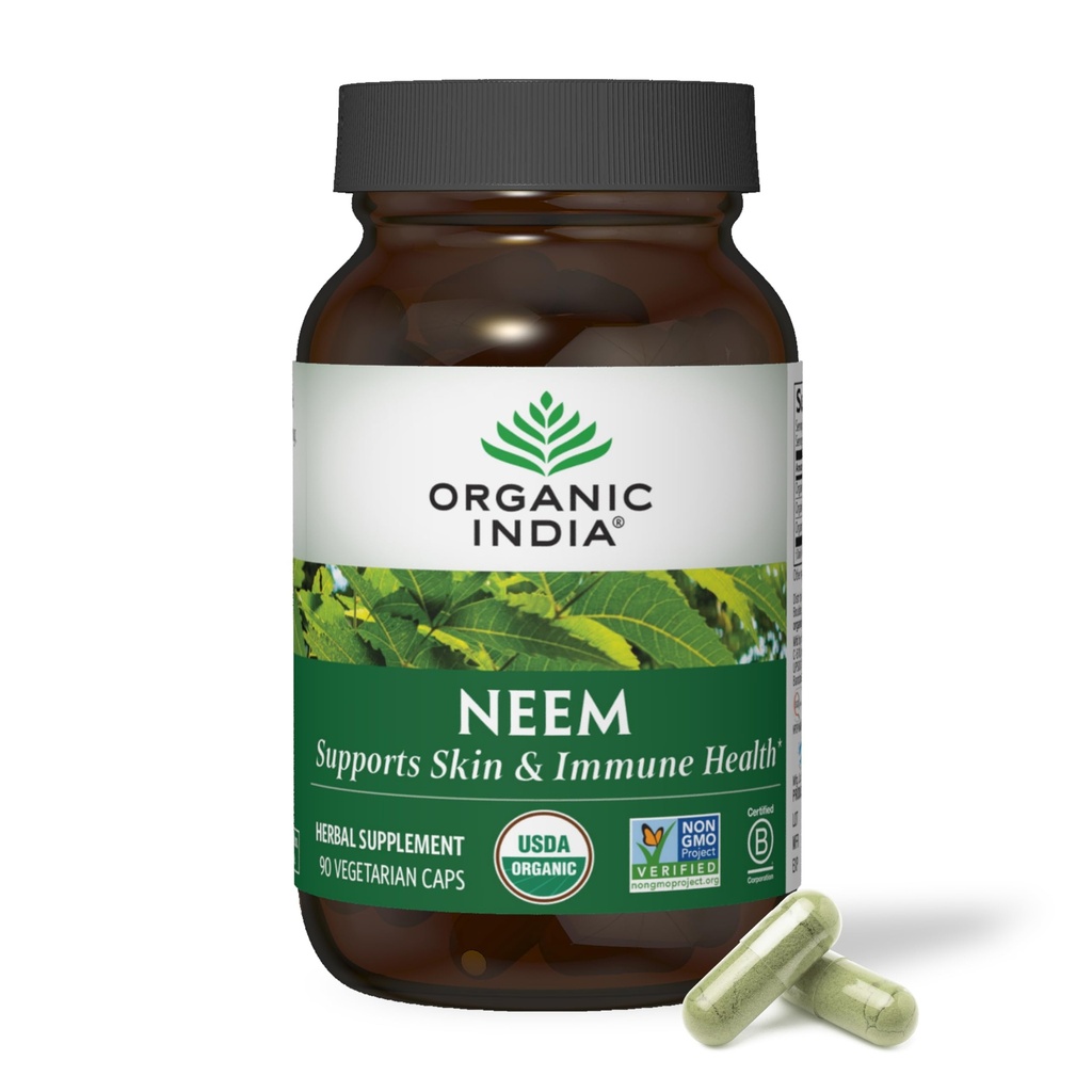 ORGANIC INDIA Neem Leaf kapsułki - Herbal Supplement, Wspiera zdrowie skóry i immunologiczne, Wegan, Gluten Free, USDA Certified Organic - 90 Count