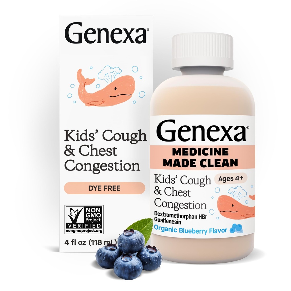 Genexa Kids 'Clean Cough & Chest Congestion Medicine, Dye Free, 0% Sztuczne dodatki, wieloobjawowy syrop na kaszel dla dzieci 4- 11, Cough Supressant & Expectorant, Organic Blueberry Flavor, 4 fl oz