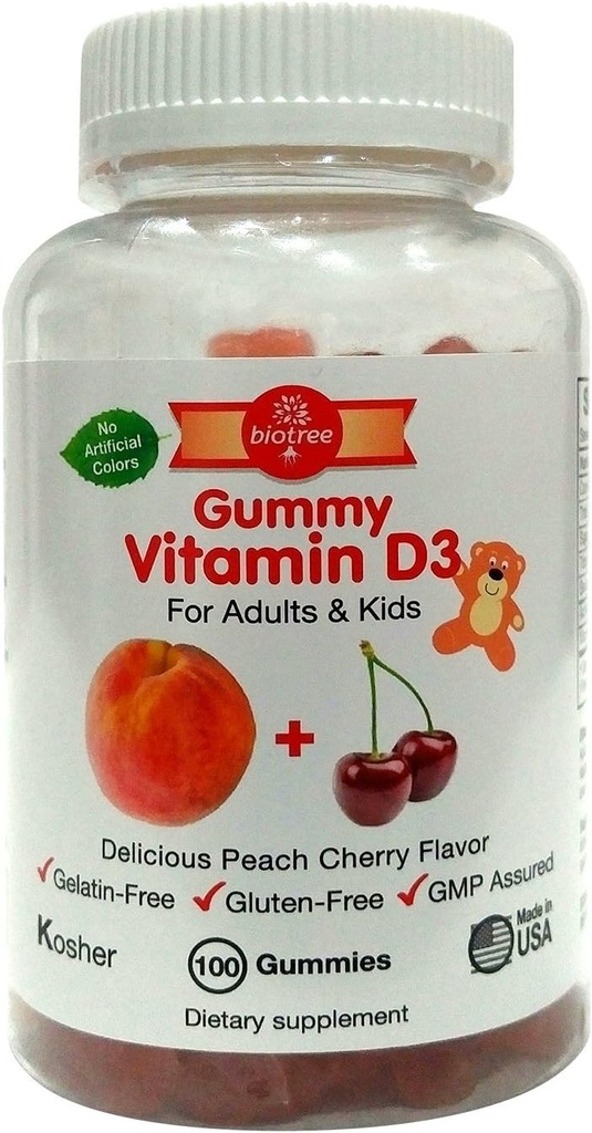Biosee Labs Witamina D Gummy Bears - Opakowanie 100, dla dorosłych i dzieci 124; brzoskwinia i wiśniowy aromat do żucia Witamina D3 Biosee