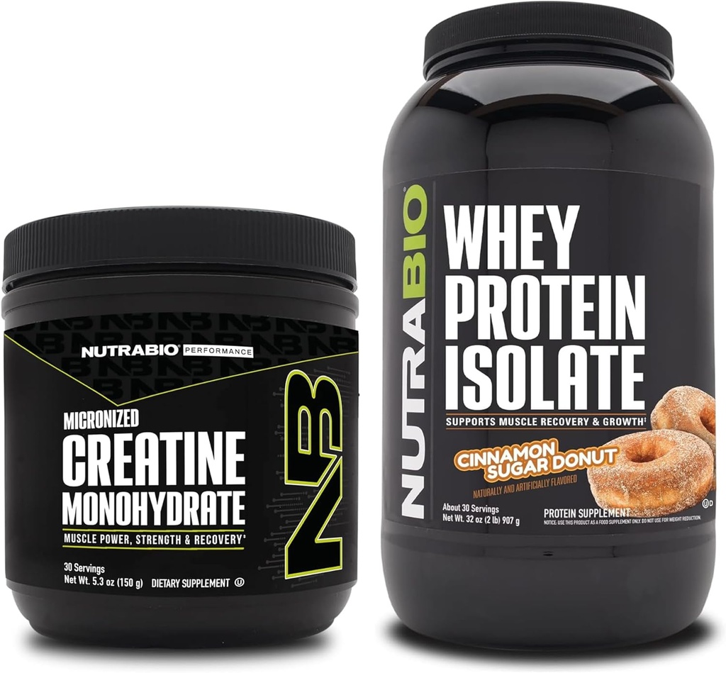 Monowodzian NutraBio Creatine, Izolat nieflaworyczny, 150g i izolat białka serwatkowego, pączek z cukrem cynamonowym, suplement Bundle - Energia mięśniowa, Lean Muscle Growth, Odzysk i Siła