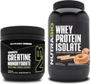 Monowodzian NutraBio Creatine, Izolat nieflaworyczny, 150g i izolat białka serwatkowego, pączek z cukrem cynamonowym, suplement Bundle - Energia mięśniowa, Lean Muscle Growth, Odzysk i Siła