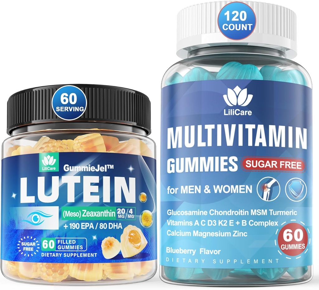 Bezcukrowy Luteina 20mg Zeaksantyna Witaminy Napełnione Gummies EPA 190mg & DHA 80mg + Multiwitamina z Glukozaminą Chondroitin MSM dla wsparcia immunologicznego, Mężczyźni i Kobiety - (Opakowanie 2)