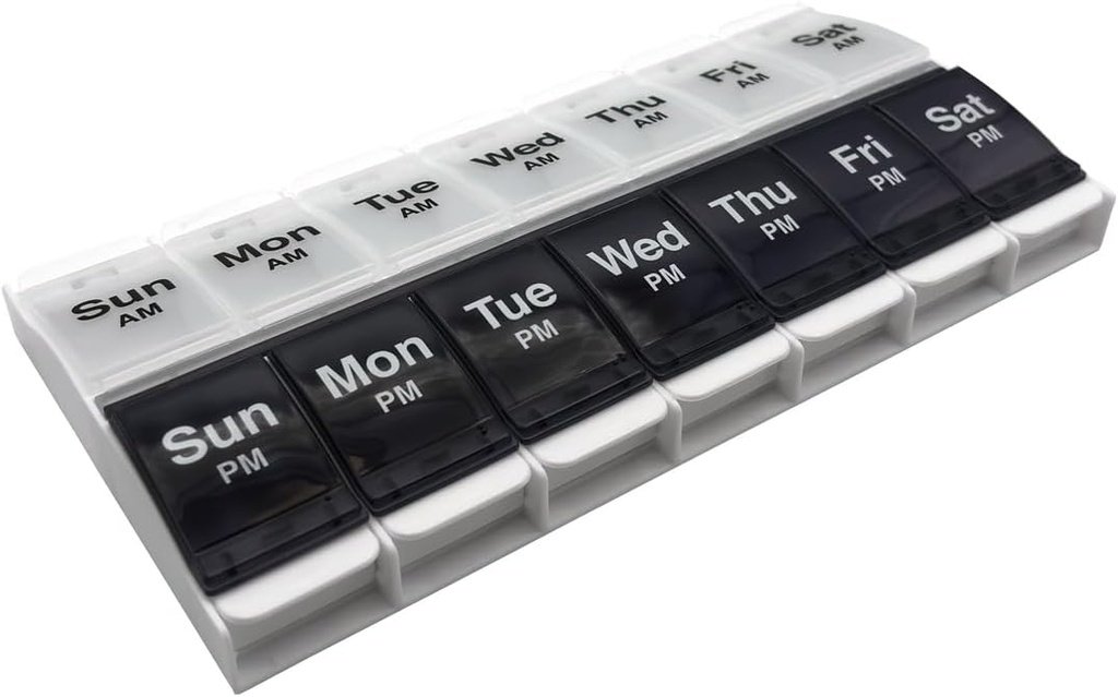 EZY DASE Push Button (7- Day) Pil Case, Planer medycyny, Organizator witaminy, 2 razy dziennie AM / PM Container, X-duże zespoły, Artretyzm Przyjazny, Wytrzymałe Otwarte, Przezroczyste Lidy, Niebieski / biały, BPA Free