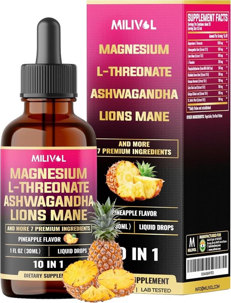 10in1 Magnezu L- Threonian Płynne krople z Ashwagadha, Lwy Mane & 7 Więcej Herbal - 1 Fl Oz - Flavor ananasowy
