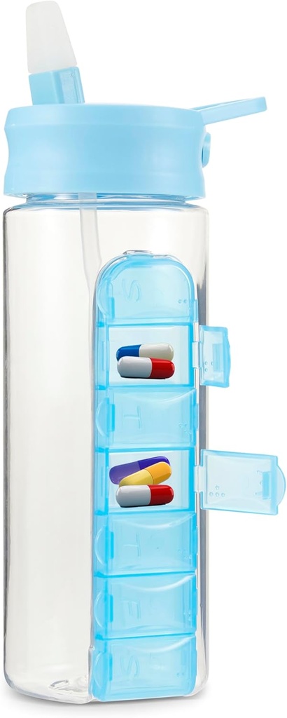 MARS WELLNESS 24 Ounce Butelka na wodę z pojemnika na pióro, Daily Organizer - 7 Day Medicine Holder, Easy Slide Out Pill Container, Popup Straw for Hydration