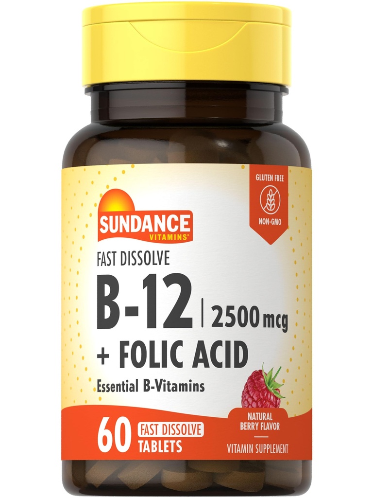 Sundance szybko rozpuszcza witaminę B- 12 do 124; z kwasem foliowym do 124; 2500mcg do 124; 60 Hrabia do 124; Natural Berry Flavor do 124; Wegetarianin, Non-GMO, i gluten suplement wolny