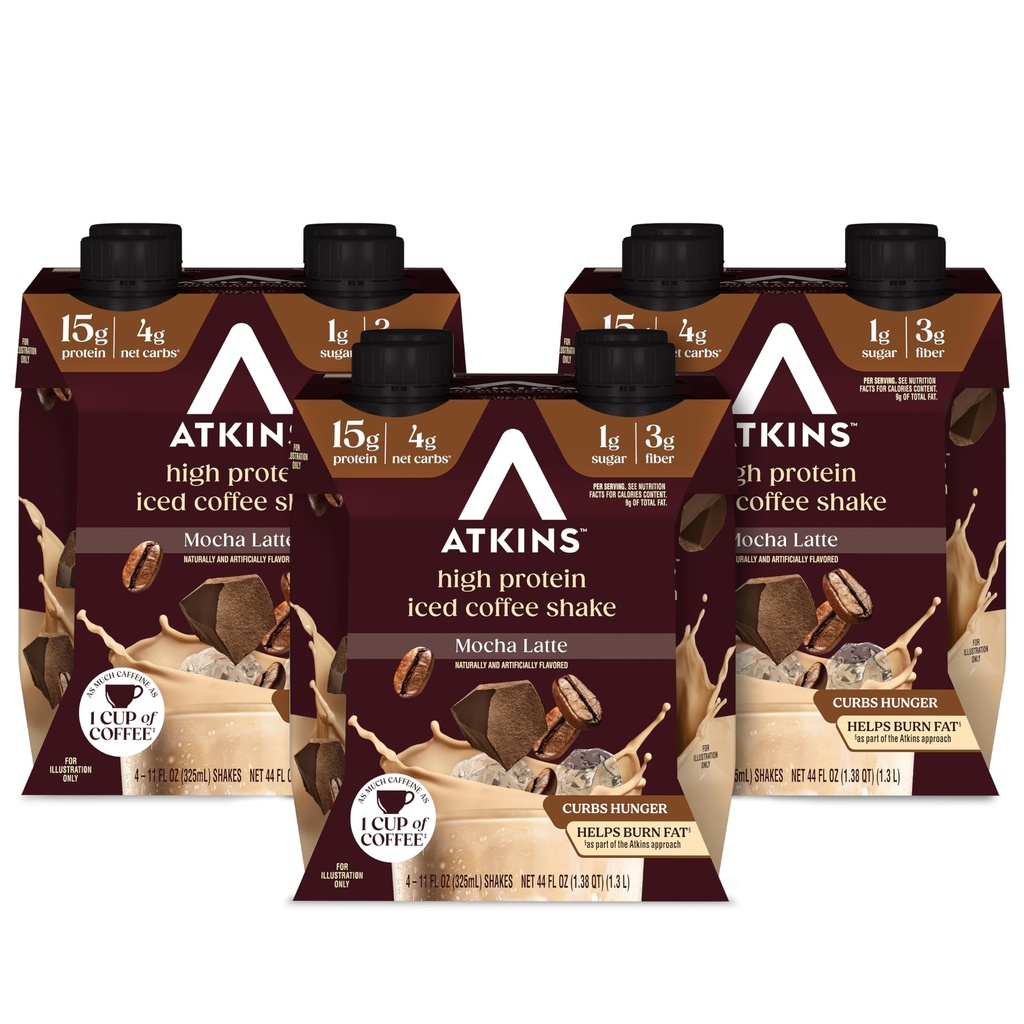 Atkins Mocha Latte Mrożona kawa Wstrząs białkowy, Wysokie białko, Niskie Glicemia, Niskie węglowodany i niskocukrowe shakes, Keto- Przyjazny, 12 Pack