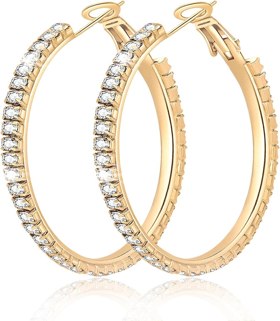 Duży Duży 925 Sterling Srebrny Hoop Kolczyki dla kobiet Pave Crystal 14k Plated Gold Hoops Kolczyki dla kobiet Cienki Błyszczący Zirconia sześcienny Oświadczenie Rhinestone Biżuteria Nie Tarnish Hipoalergiczne