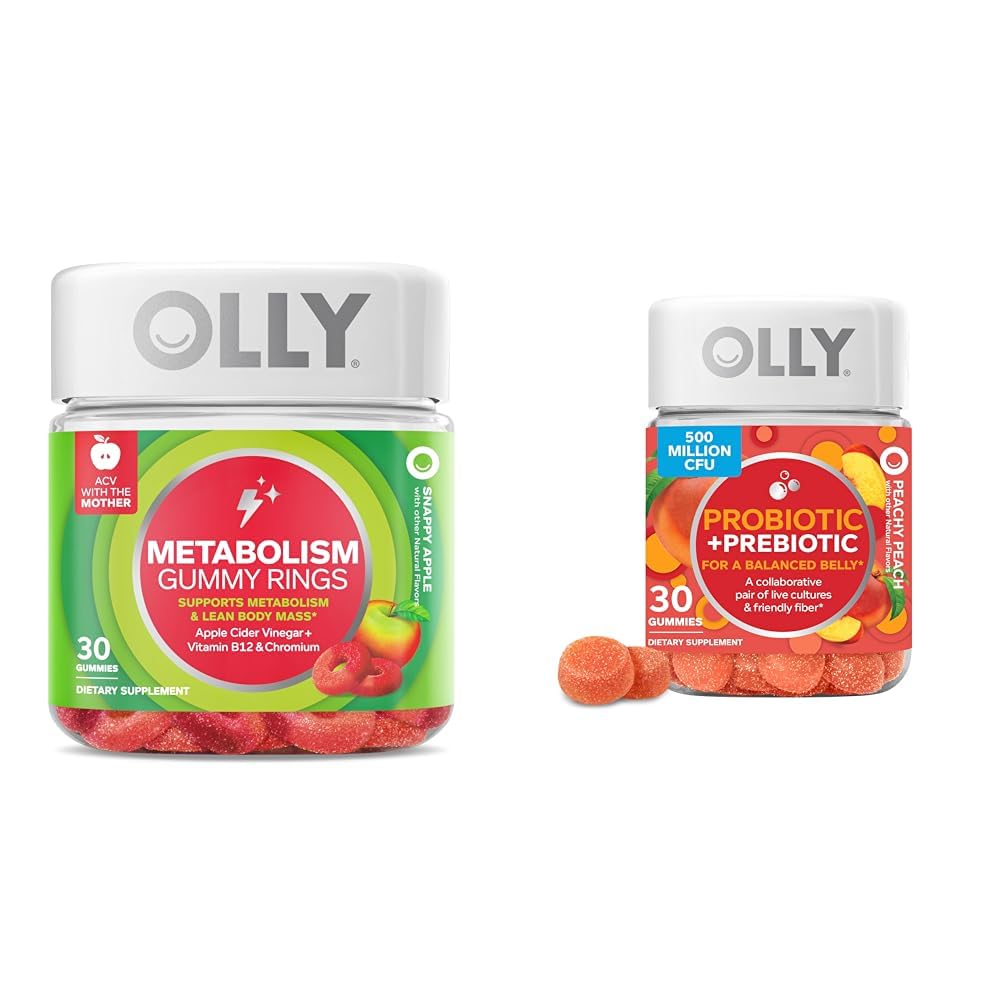 OLLY Metabolizm Gummy Pierścienie, Jabłko Cydr Ocet, Witamina B12, Chrom & Probiotyczne + Prebiotyczne Gummy, Wsparcie i Gut zdrowia, 500 Milion CFU, Fiber