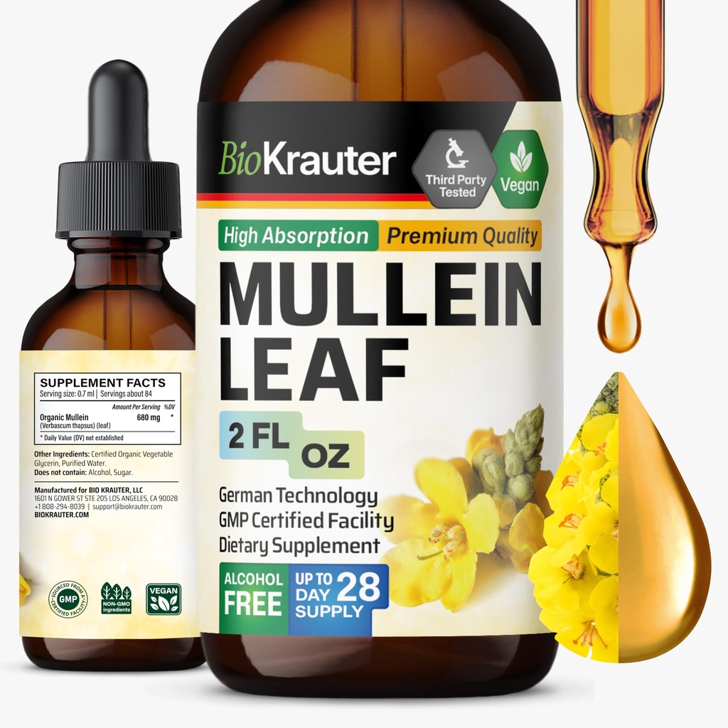 BIO KRAUTER Mullein Leaf Extract for Lungs 2 Fl. Oz - 28 Days of Supply - Pure Mullein Drops for Lung Cleanse & Detox - Wegańskie suplementy oddechowe - Non-GMO, No Sugar & Alcohol