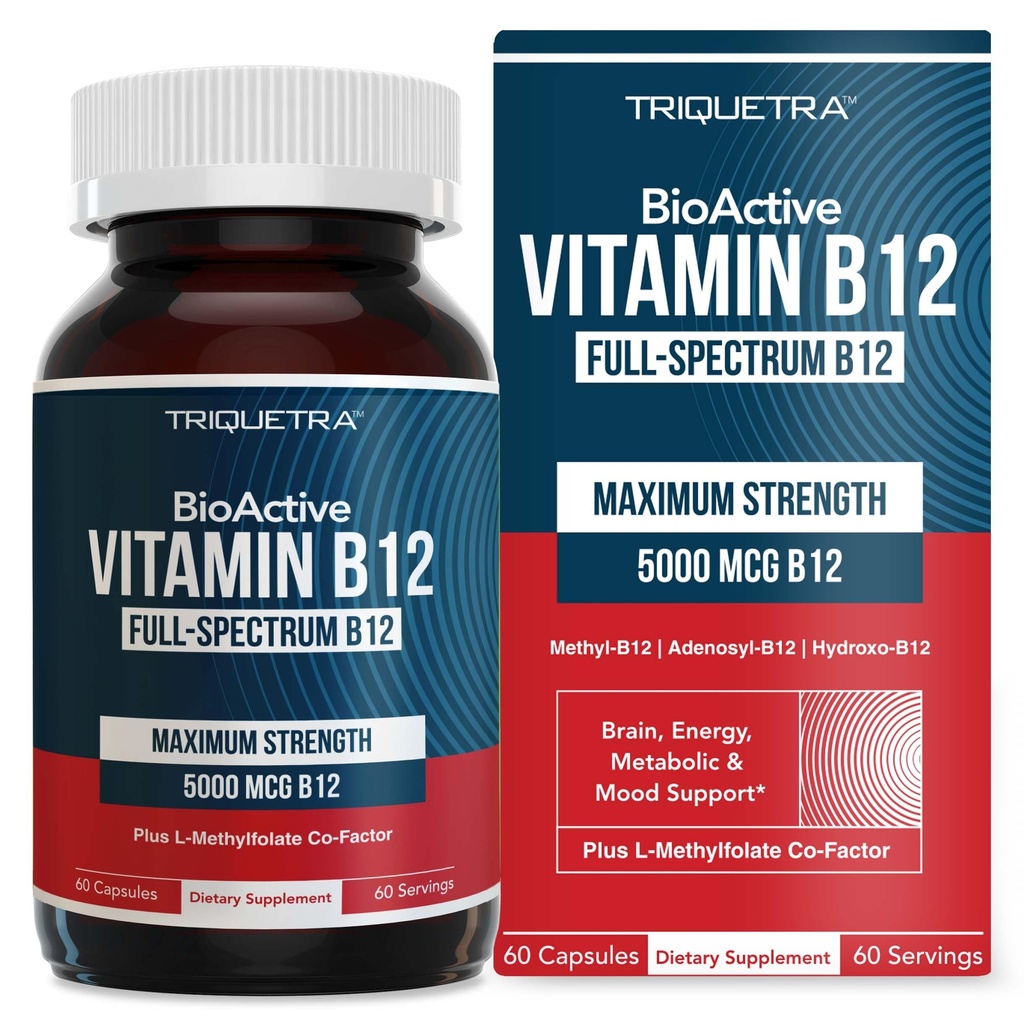 BioActive Witamina B12 - 5000 µg, Zawiera 3 BioActive Forms B12 Plus Methylfolate Cofactor - Metyl B12, Adenosyl B12 & Hydroxy B12 Size 124; Wspomaga energię, Metabolizm i nastroje 124; Wegan, Non-GMO (60 Sług)