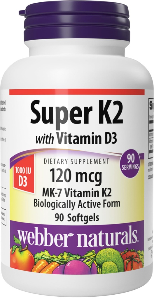 Webber Naturals Super Witamina K2 MK- 7 120 µg z Witaminą D3, 90 Softgels, Wspiera kości, Zęby i układu sercowo-naczyniowego
