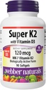 Webber Naturals Super Witamina K2 MK- 7 120 µg z Witaminą D3, 90 Softgels, Wspiera kości, Zęby i układu sercowo-naczyniowego