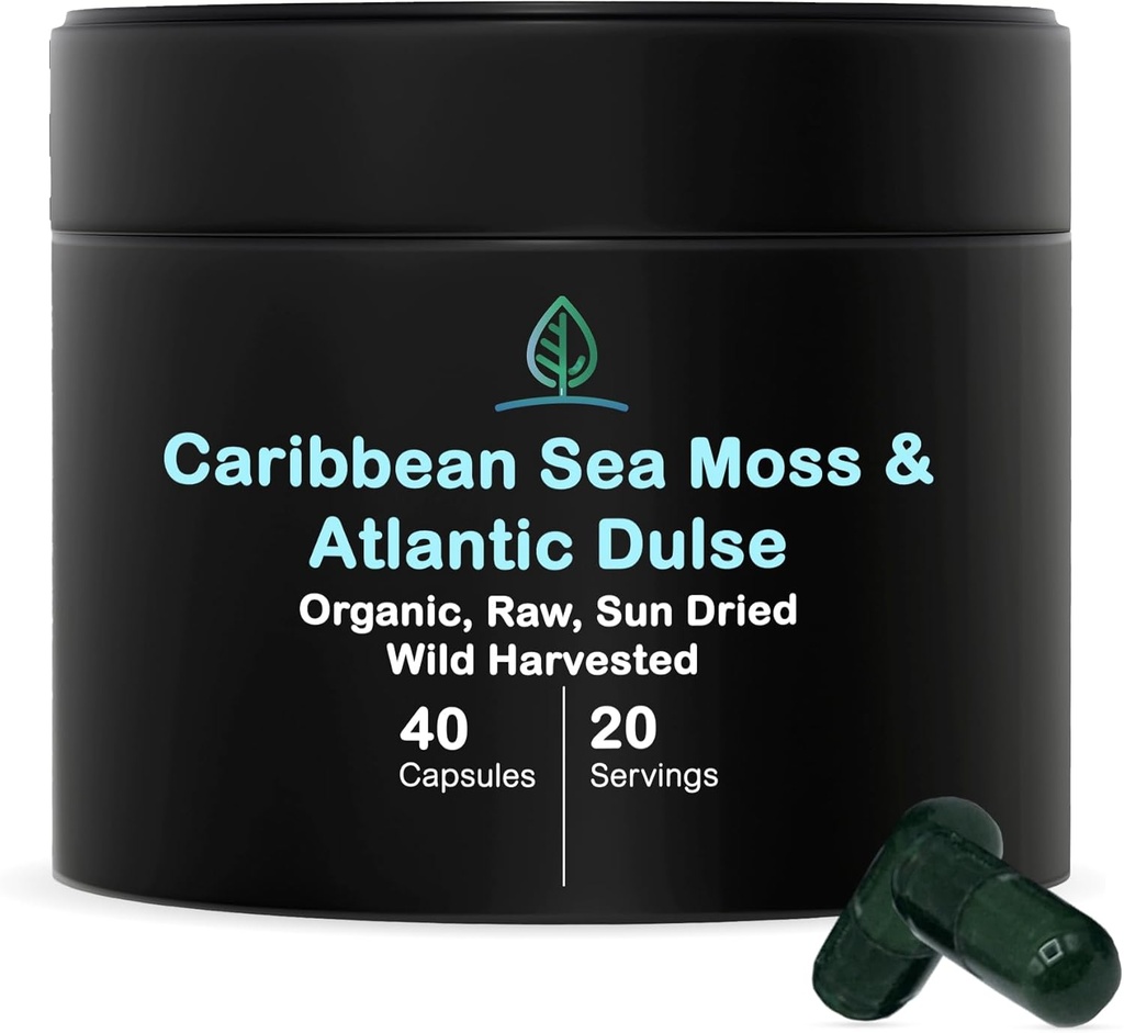 Holistic Bin Organic Sea Moss Capsules 100% Pure Caribbean Sea Moss + Dulse Seaweed | Wild Harvested | No Fillers | Rich in Antioxidants, Minerals, and Iodine (40 Capsules)
