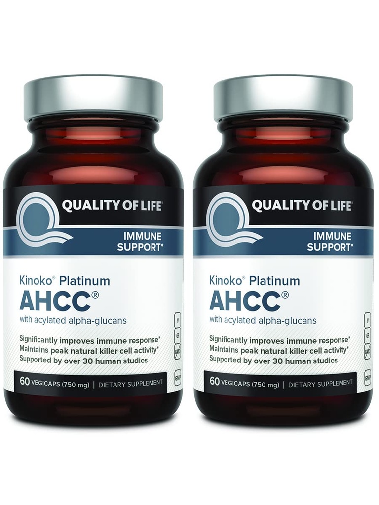 Jakość życia AHCC Kinoko Platinum 750 mg - Premium suplement wsparcia immunologicznego - Opakowanie 2, 60 Butelki