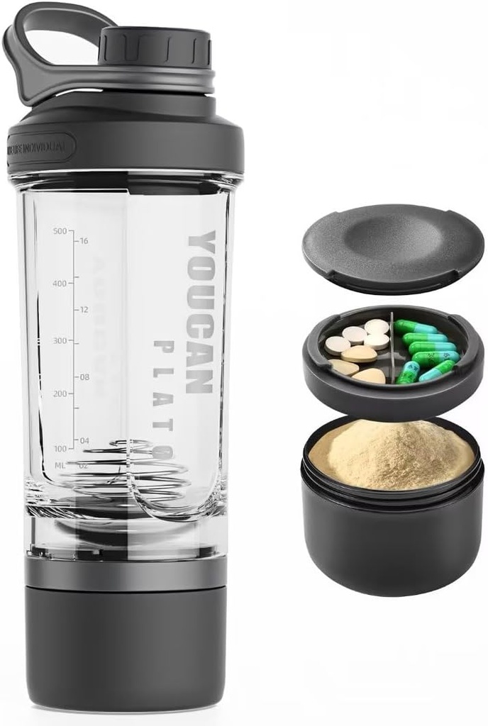 21oz Butelka shaker protein z pojemnikiem do przechowywania proszku - Shaker Cups for Protein Sheaty- przed treningiem butelką - Mixer Cup - Gym Sport Butelka wodna - Made with Tritan BPA Free, Wire Whisk Balls (Black)