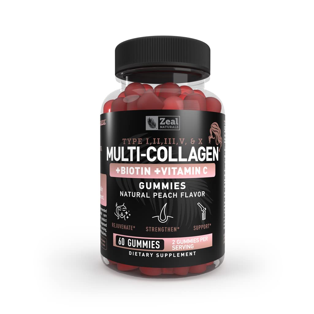 Multi Colagen Peptide Gummies (1, 2, 3, 5 i 10) + Witamina C + Biotin + Kwas hialuronowy 124; Wspiera zdrowe włosy, Skóra i paznokcie 124; Non-GMO i Gluten- Free 124; Natural Peach Flavor 124; 60 Gummies