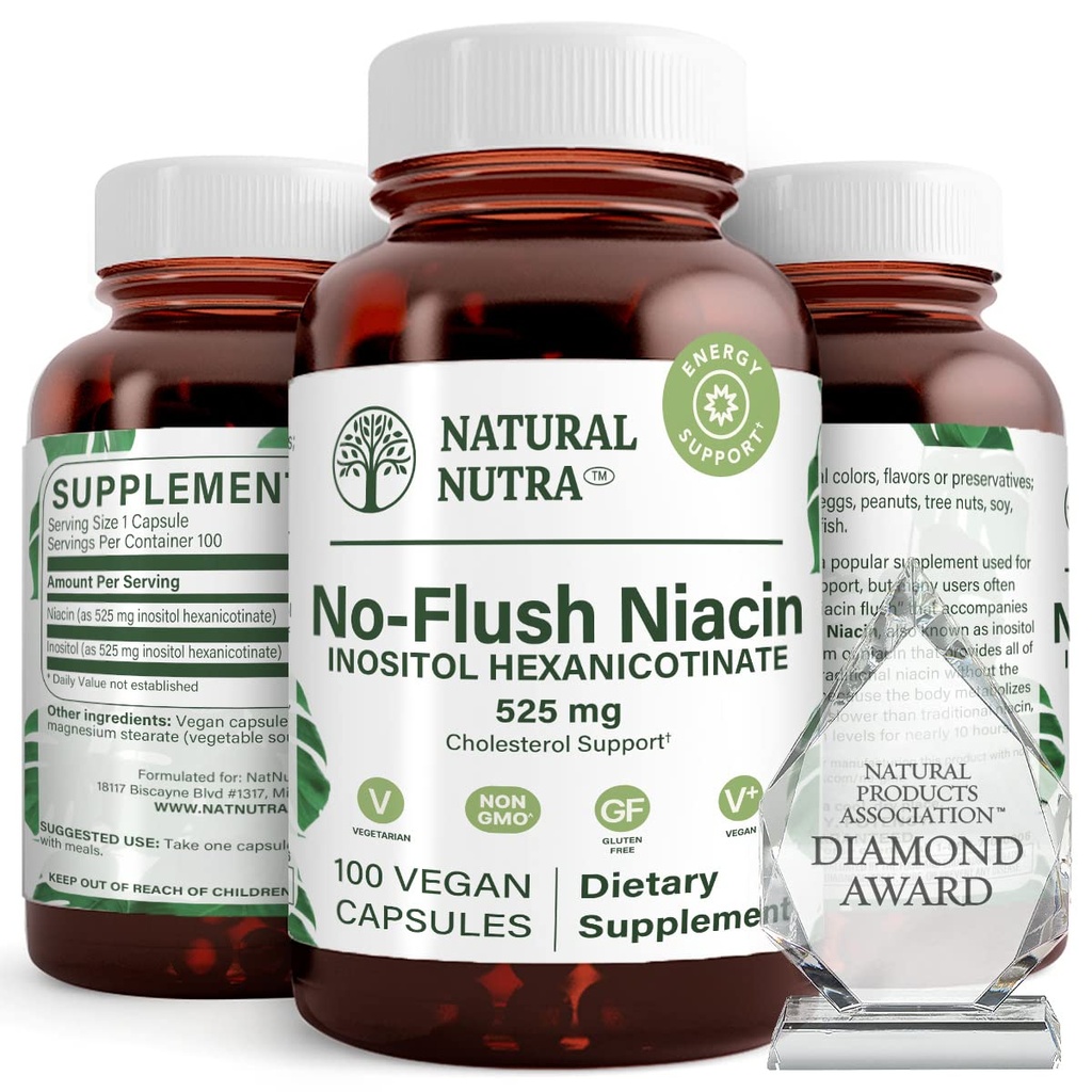 Natural Nutra No Flush Niacin, Suplement witaminy B3, Pomaga poprawić zdrowie układu sercowo- naczyniowego, Pomaga poprawić tekstury skóry, Promotes Better Brain Function, Pomaga zwiększyć poziom energii 525 mg, 100 Kapsułki