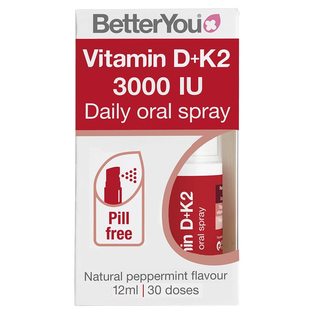 BetterYou D3000 i K2 Witamina D Dzienny zraszacz doustny - Wygodne alternatywy dla tabletek - Wspiera zdrowie kości i zwiększa system immunologiczny - Zapobiega Klotowaniu krwi - Naturalny aromat mięty pieprzowej - 0.4 oz