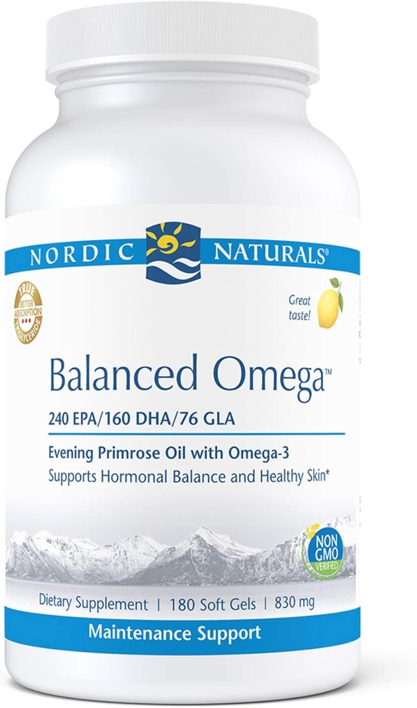 Nordic Naturals Pro Balanced Omega - Olej Rybny i Wieczorne Primrose Oil, 240 mg EPA, 160 mg DHA, 76 mg GLA, Wspiera Hormonal Balance and Healthy Skin *, 180 Soft żele