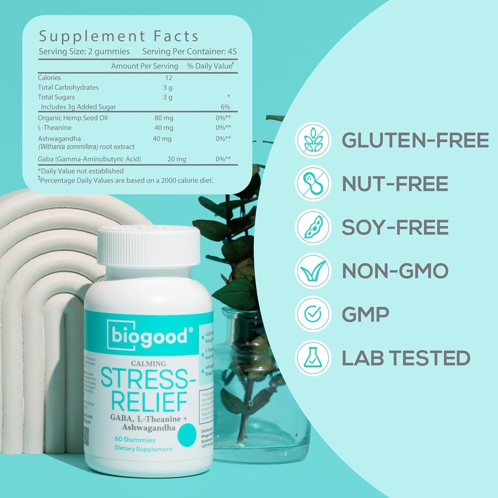 Stres - Ulga z Ashwagandha + L- Theanine, GABA 124; Dawka dobowa, 60 Gummies