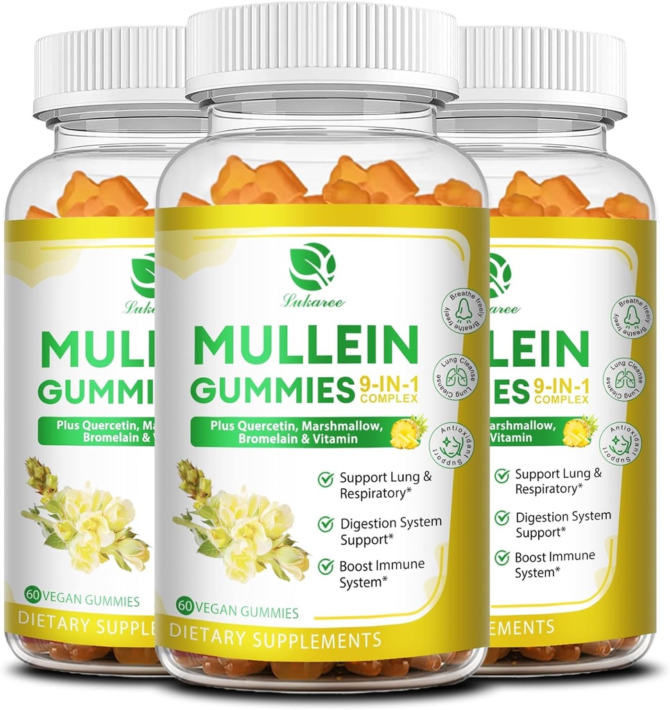 (3 Pack) 9 in 1 Mullein Gummies for Lung Cleanse & Detox, Extract Mullein Leaf Extract w / Quercetin, Bromelain, Elderberry & Marshmallow for oddechowy, Immune & Digestive, Vegan, 180 Count